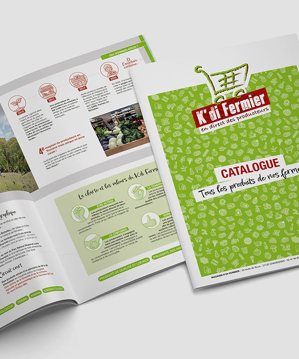 Direction artistique et création de la mise en page pour le catalogue de K'di Fermier, magasin de producteurs proche de Tours (37).