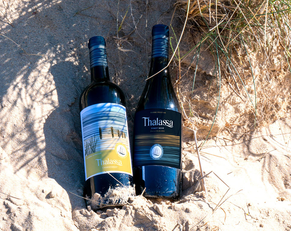 Exemple de création d'étiquette de vin pour la marque Thalassa située à La Rochelle et Cognac.